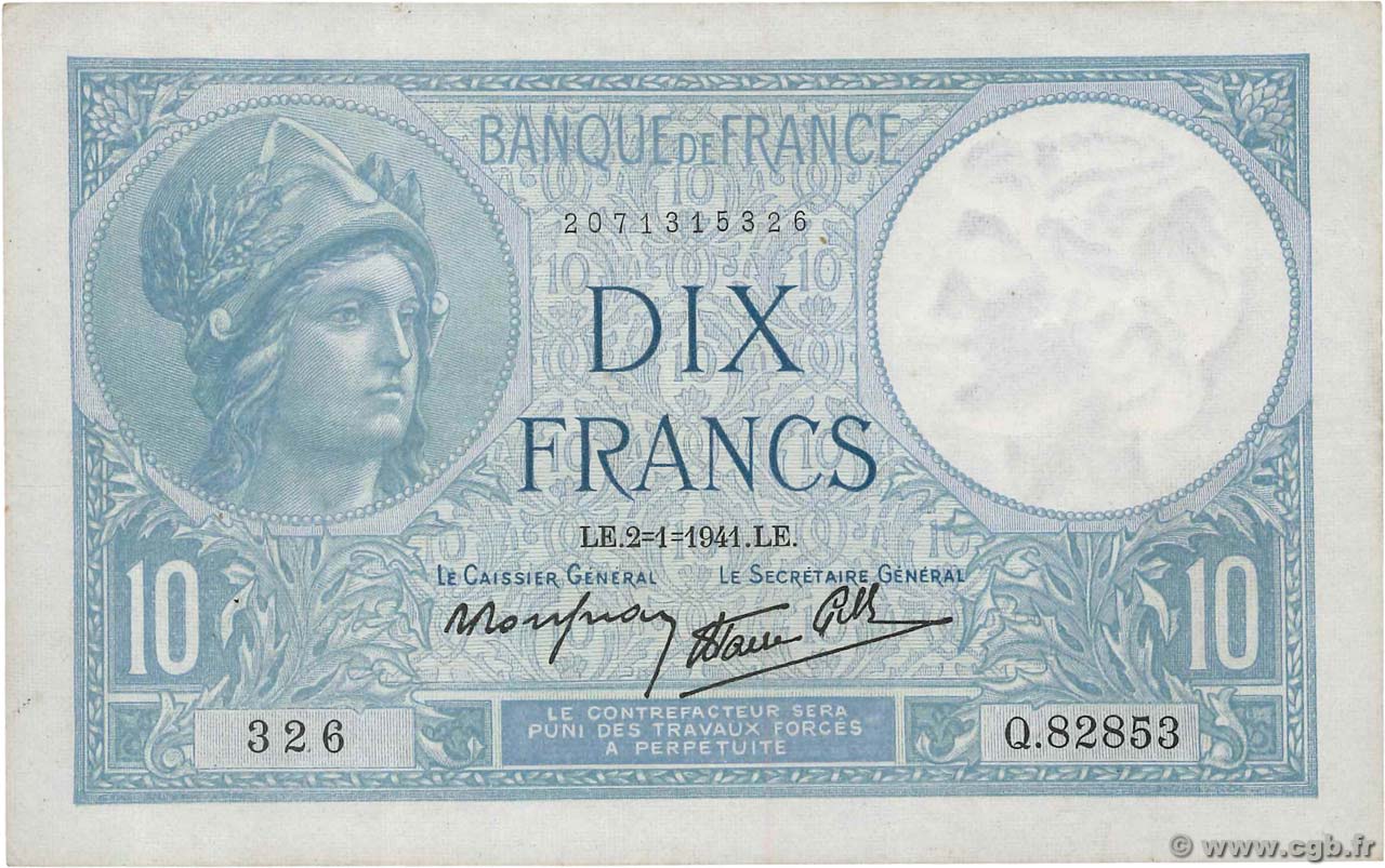 10 Francs MINERVE modifié FRANCE  1941 F.07.26 VF