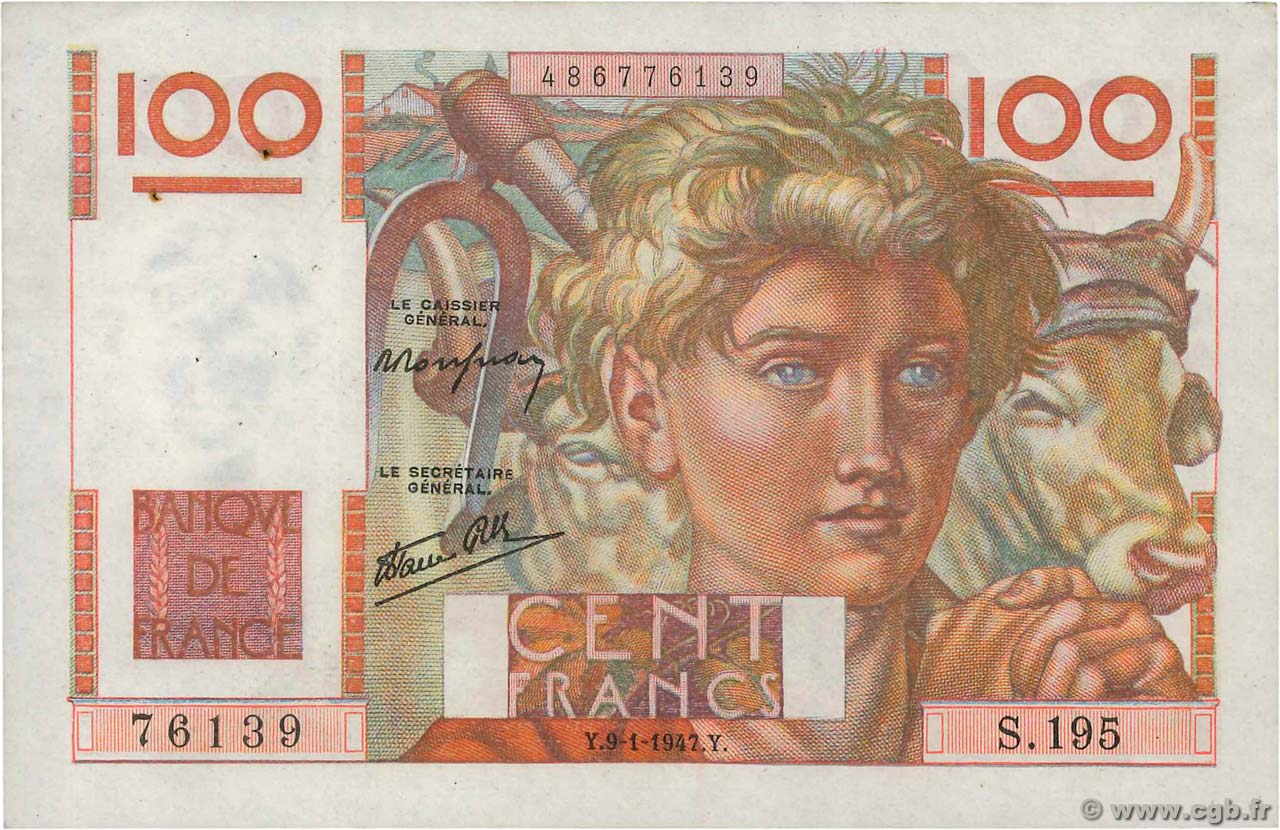 100 Francs JEUNE PAYSAN FRANCIA  1947 F.28.13 SPL