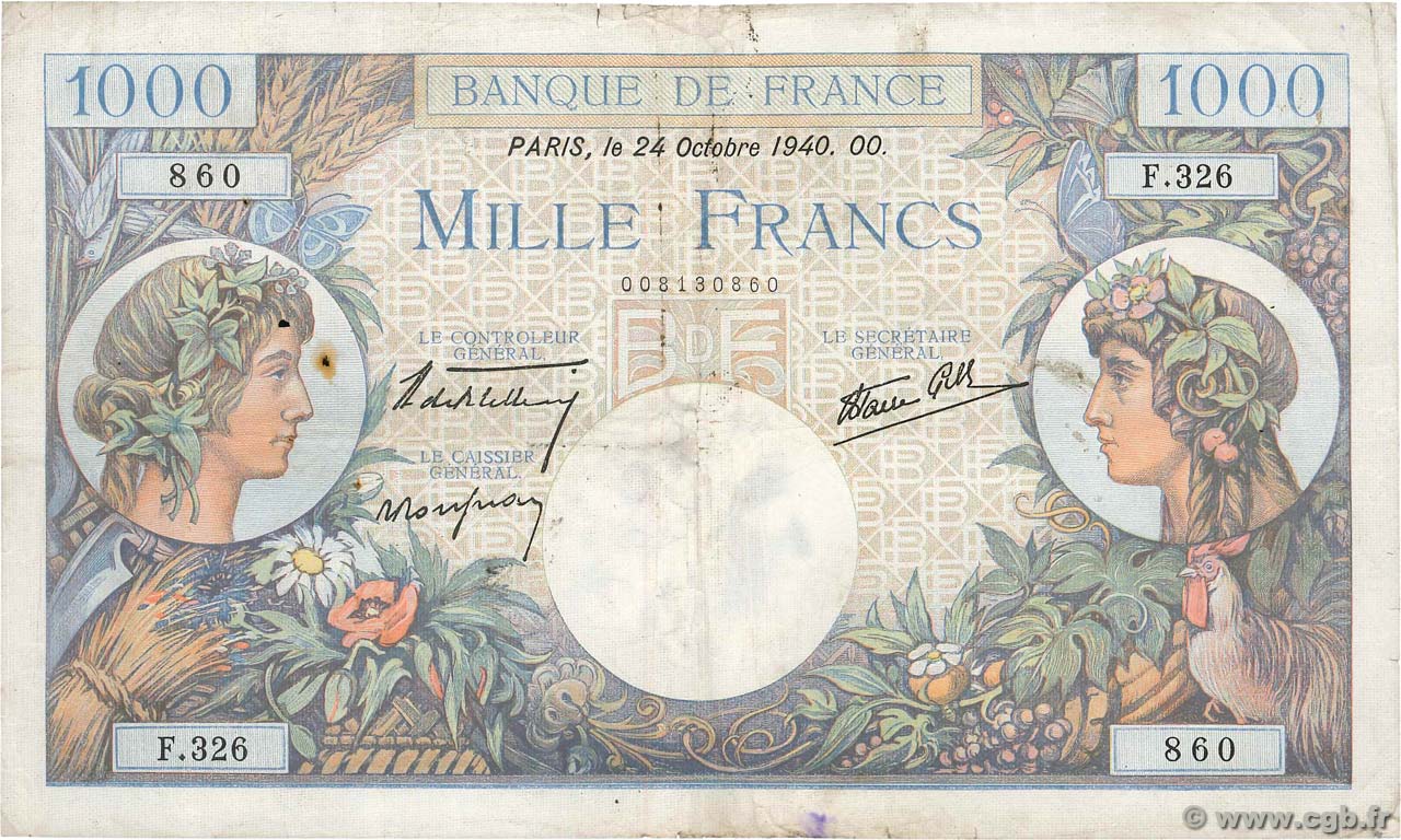 1000 Francs COMMERCE ET INDUSTRIE FRANCE  1940 F.39.01 F-