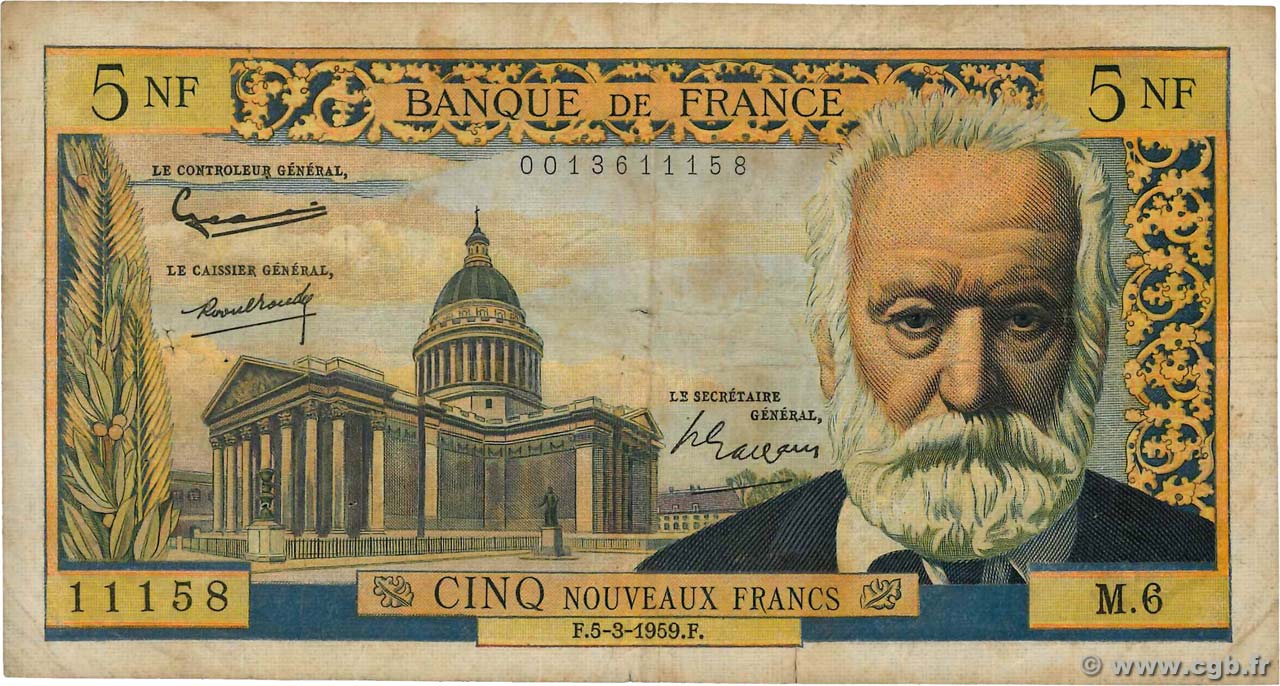 5 Nouveaux Francs VICTOR HUGO FRANCIA  1959 F.56.01 RC