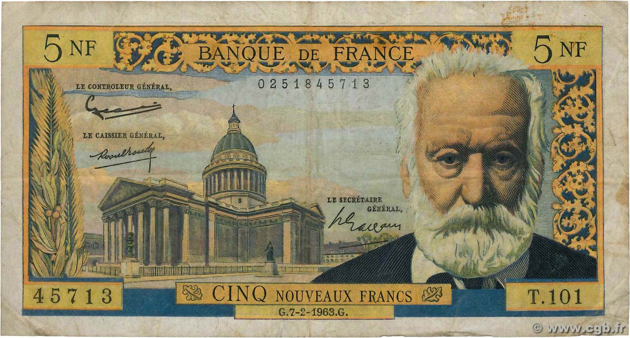 5 Nouveaux Francs VICTOR HUGO FRANKREICH  1963 F.56.13 SGE
