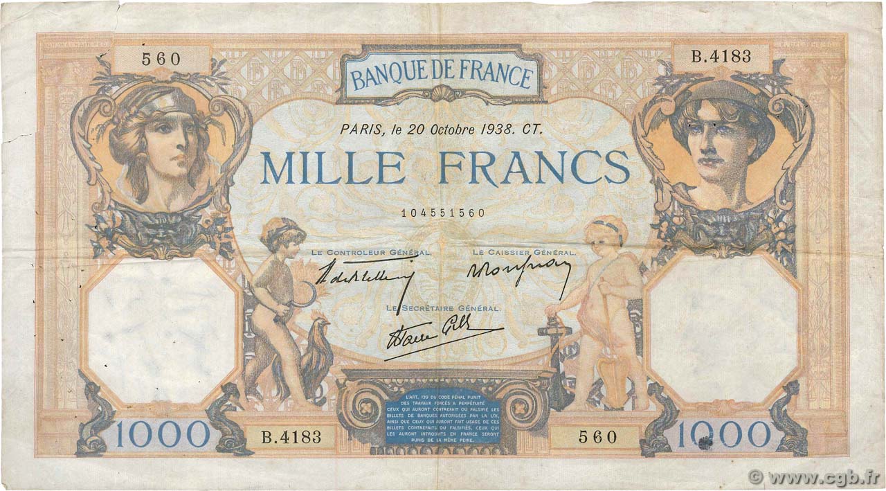 1000 Francs CÉRÈS ET MERCURE type modifié FRANKREICH  1938 F.38.30 S