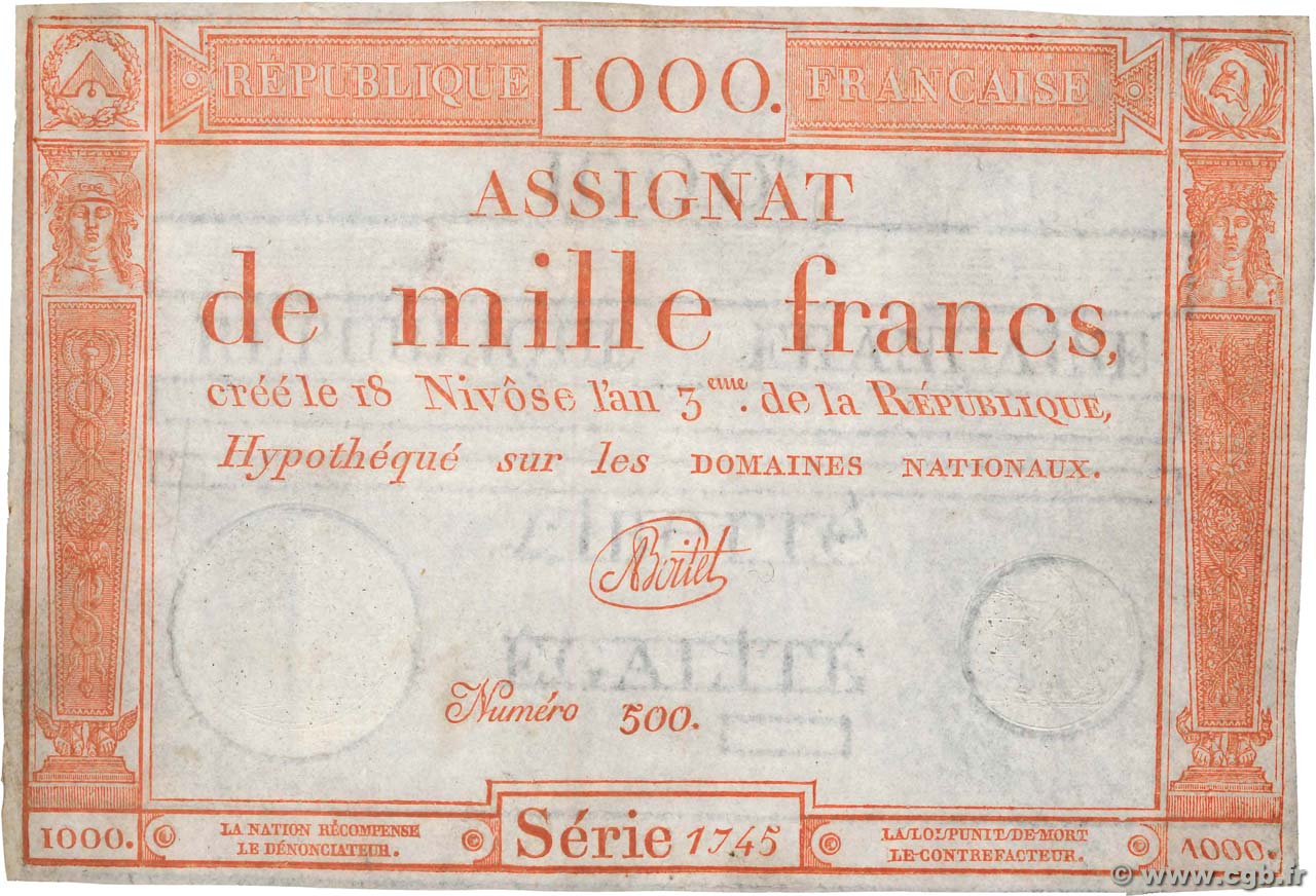 1000 Francs FRANCE  1795 Ass.50a VF-
