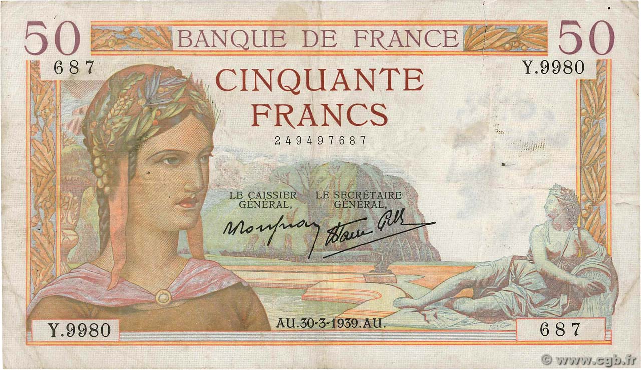 50 Francs CÉRÈS modifié FRANCE  1939 F.18.24 TB