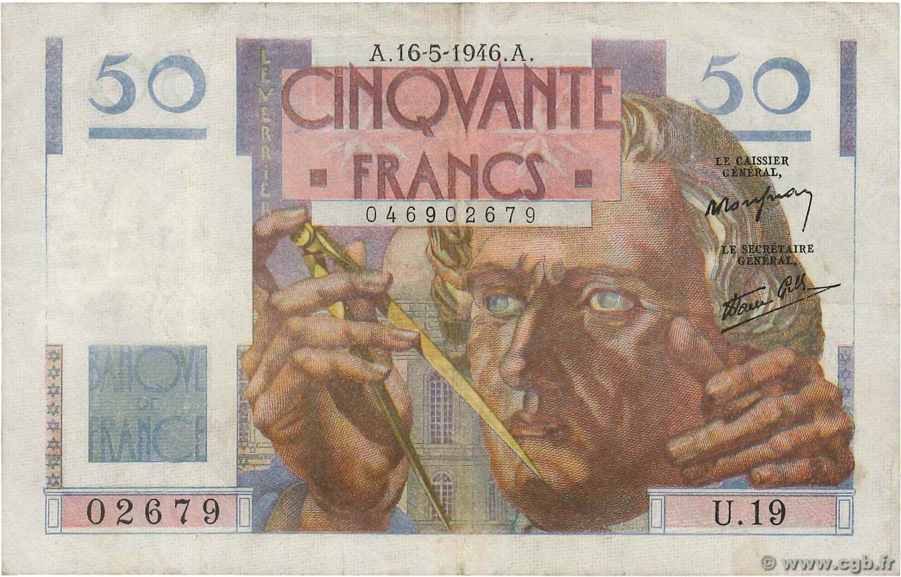 50 Francs LE VERRIER FRANCIA  1946 F.20.04 BC+