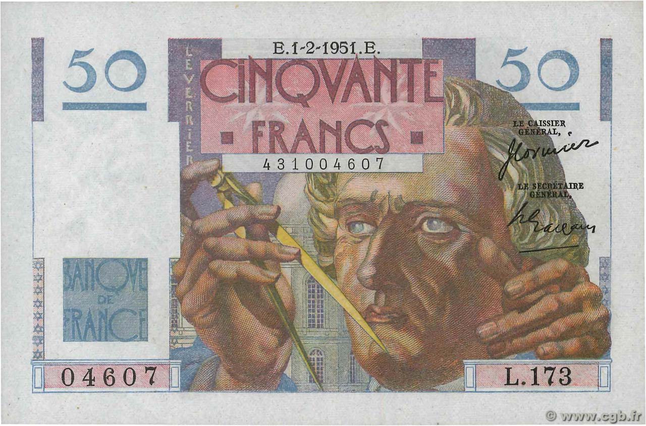 50 Francs LE VERRIER FRANCIA  1951 F.20.17 q.AU
