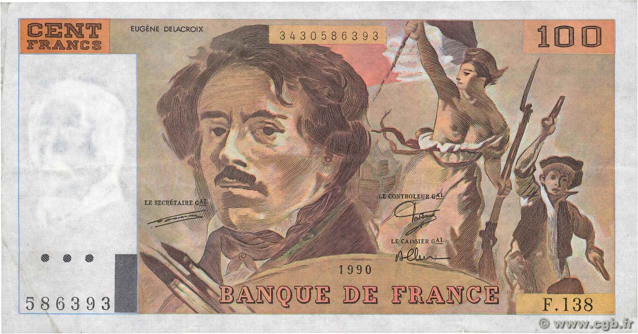 100 Francs DELACROIX imprimé en continu FRANCE  1990 F.69bis.01a VF