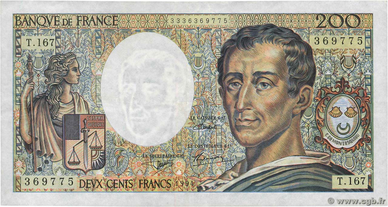 200 Francs MONTESQUIEU Modifié FRANCIA  1994 F.70/2.01 BB