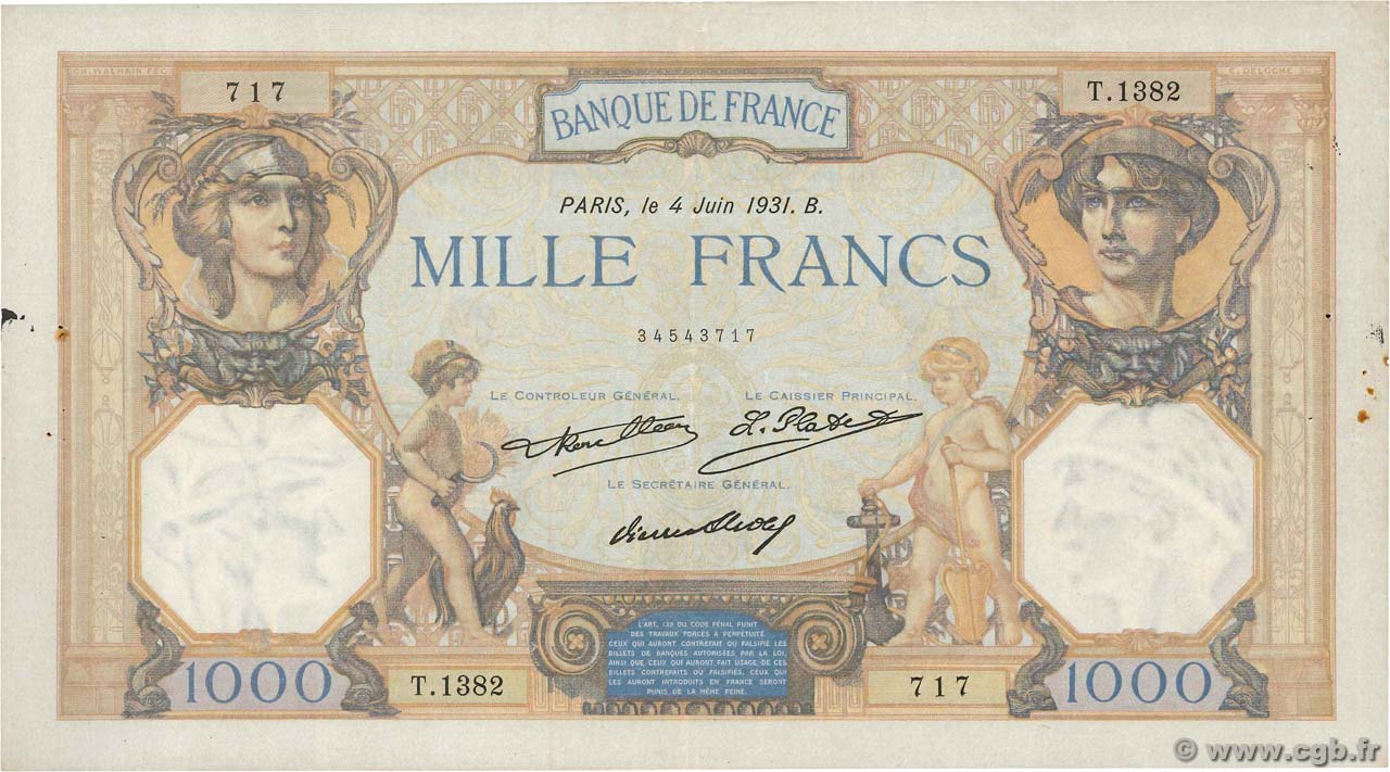 1000 Francs CÉRÈS ET MERCURE FRANCE  1931 F.37.06 pr.TTB