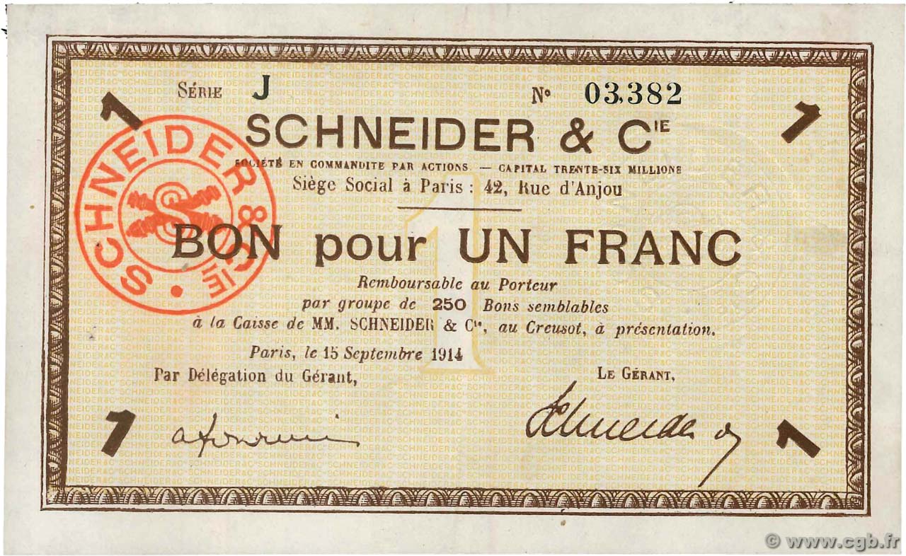 1 Franc FRANCE regionalismo e varie Le Creusot 1914 JP.71-05 SPL