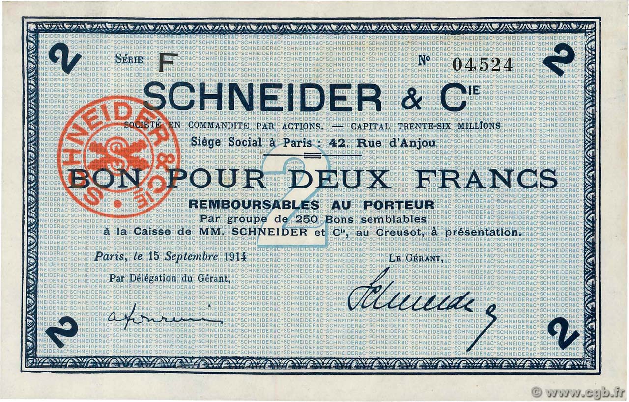 2 Francs FRANCE regionalism and various Le Creusot 1914 JP.71-08 AU