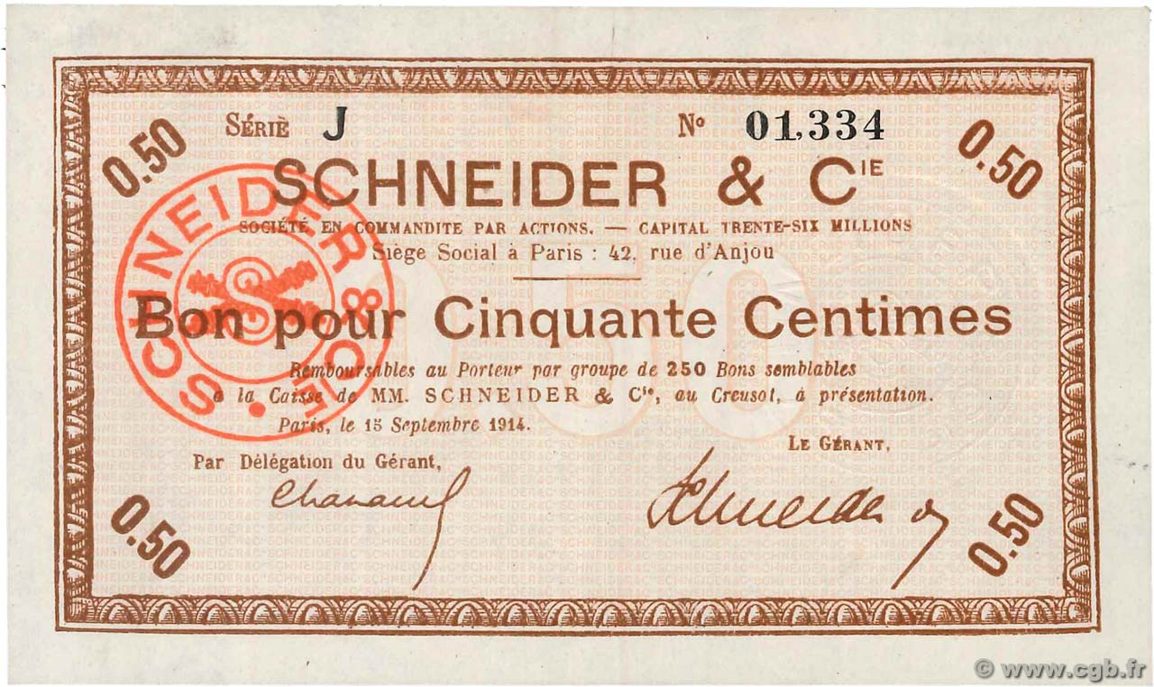 50 Centimes FRANCE Regionalismus und verschiedenen Le Creusot 1914 JP.71-03 VZ