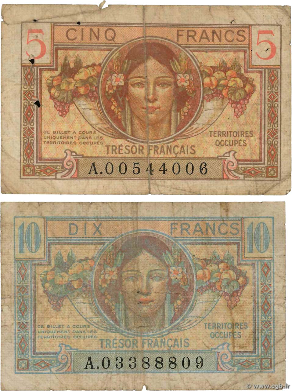 5 et 10 Francs TRÉSOR FRANÇAIS Lot FRANCIA  1947 VF.29.01 et VF.30.01. RC