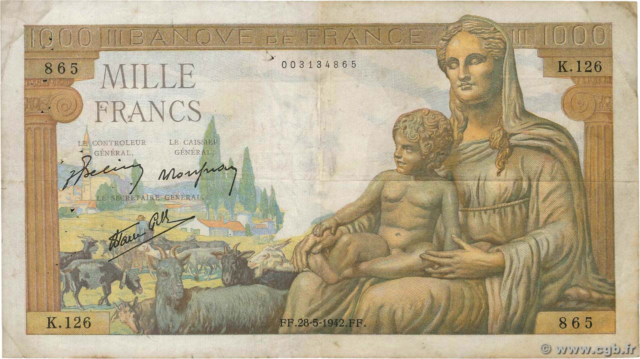 1000 Francs DÉESSE DÉMÉTER FRANCIA  1942 F.40.01 MB