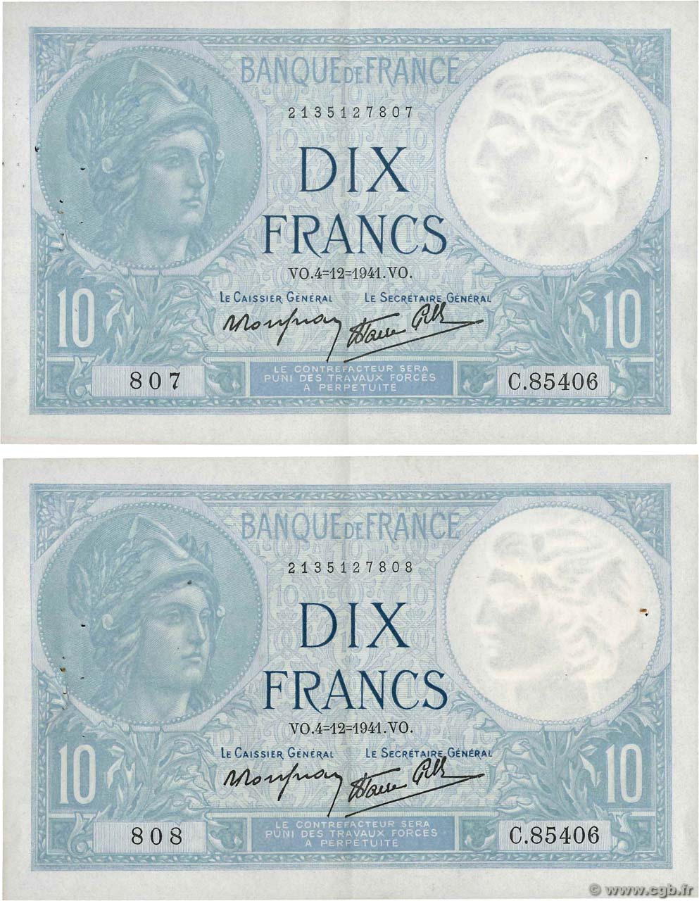 10 Francs MINERVE modifié Consécutifs FRANCE  1941 F.07.30 XF