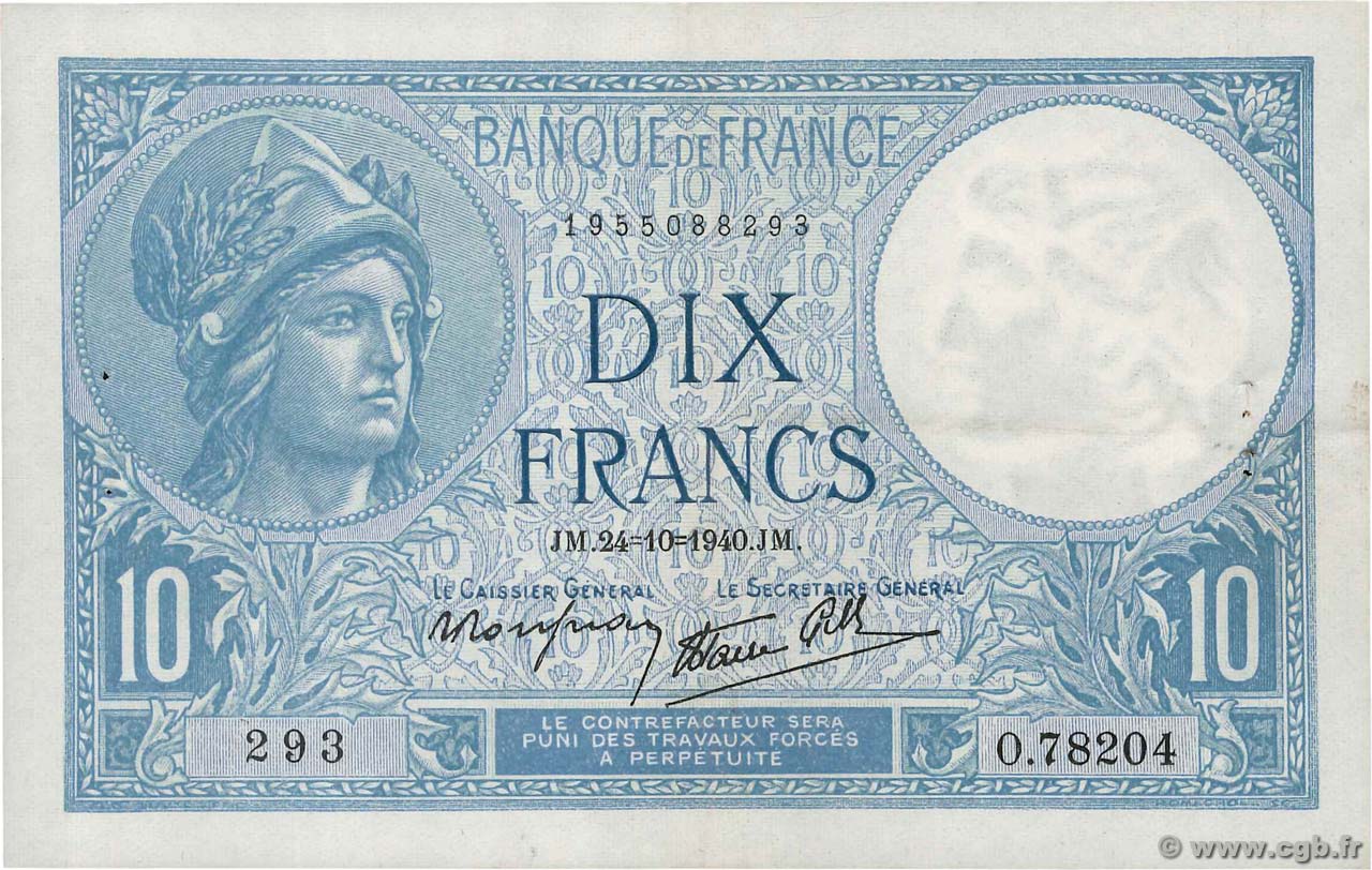 10 Francs MINERVE modifié FRANCE  1940 F.07.18 SUP