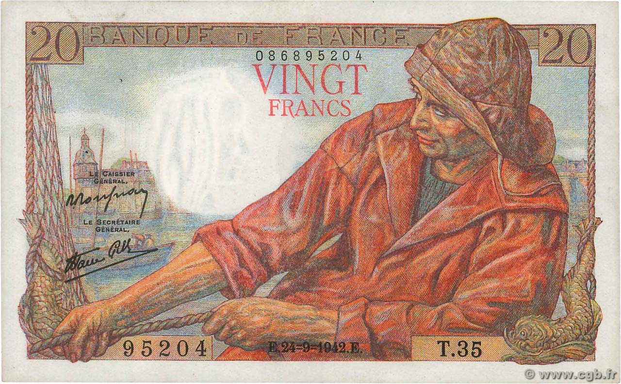 20 Francs PÊCHEUR FRANCE  1942 F.13.03 TTB