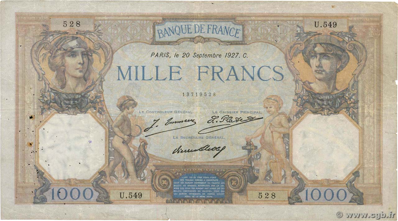 1000 Francs CÉRÈS ET MERCURE FRANCE  1927 F.37.01 VG