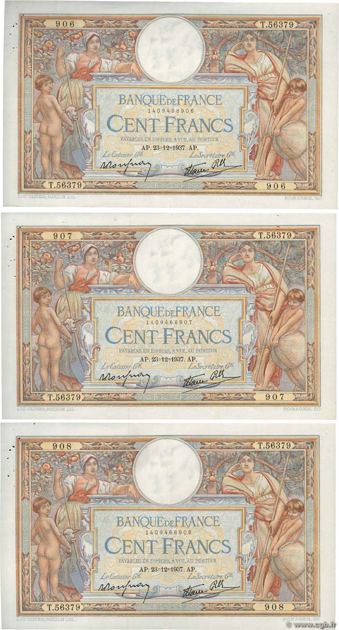 100 Francs LUC OLIVIER MERSON type modifié Consécutifs FRANCIA  1937 F.25.06 MBC+