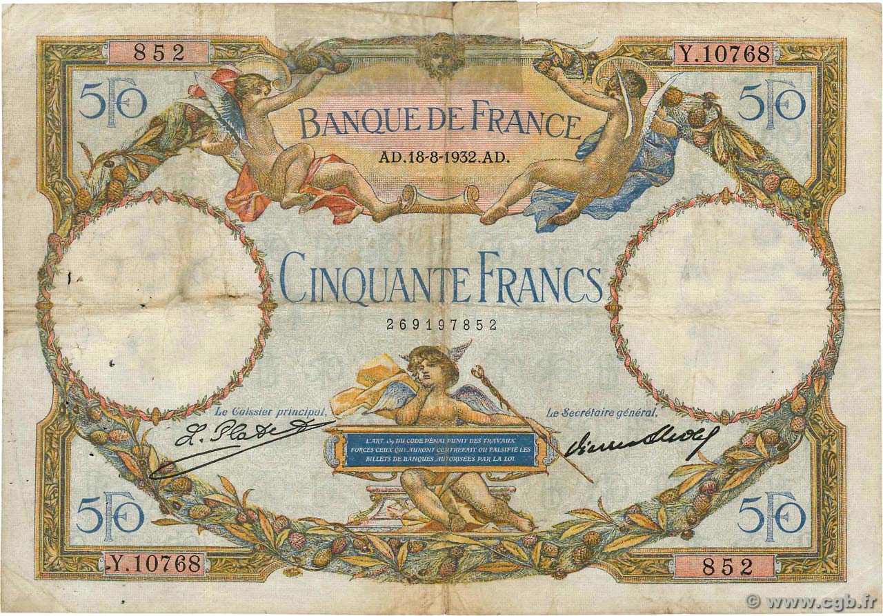 50 Francs LUC OLIVIER MERSON type modifié FRANCIA  1932 F.16.03 q.MB
