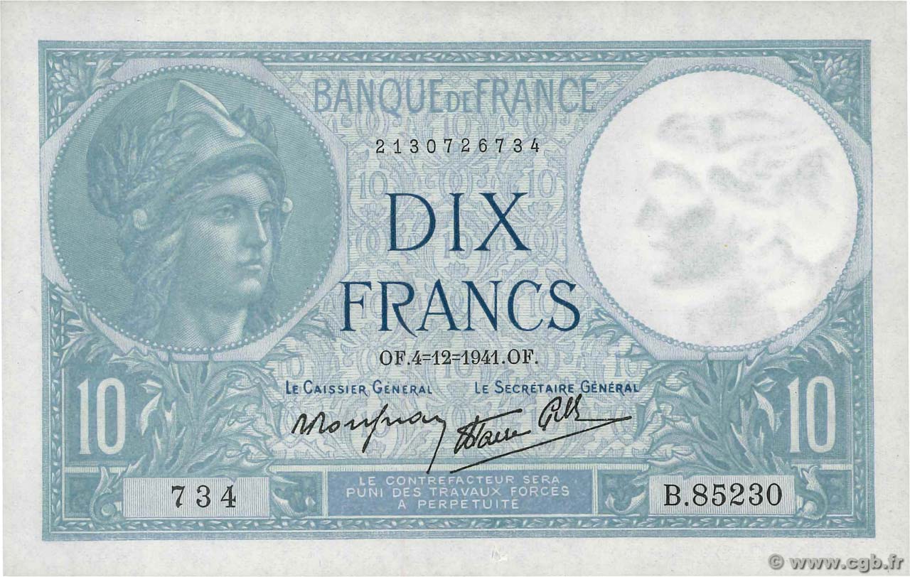 10 Francs MINERVE modifié FRANCE  1941 F.07.30 NEUF