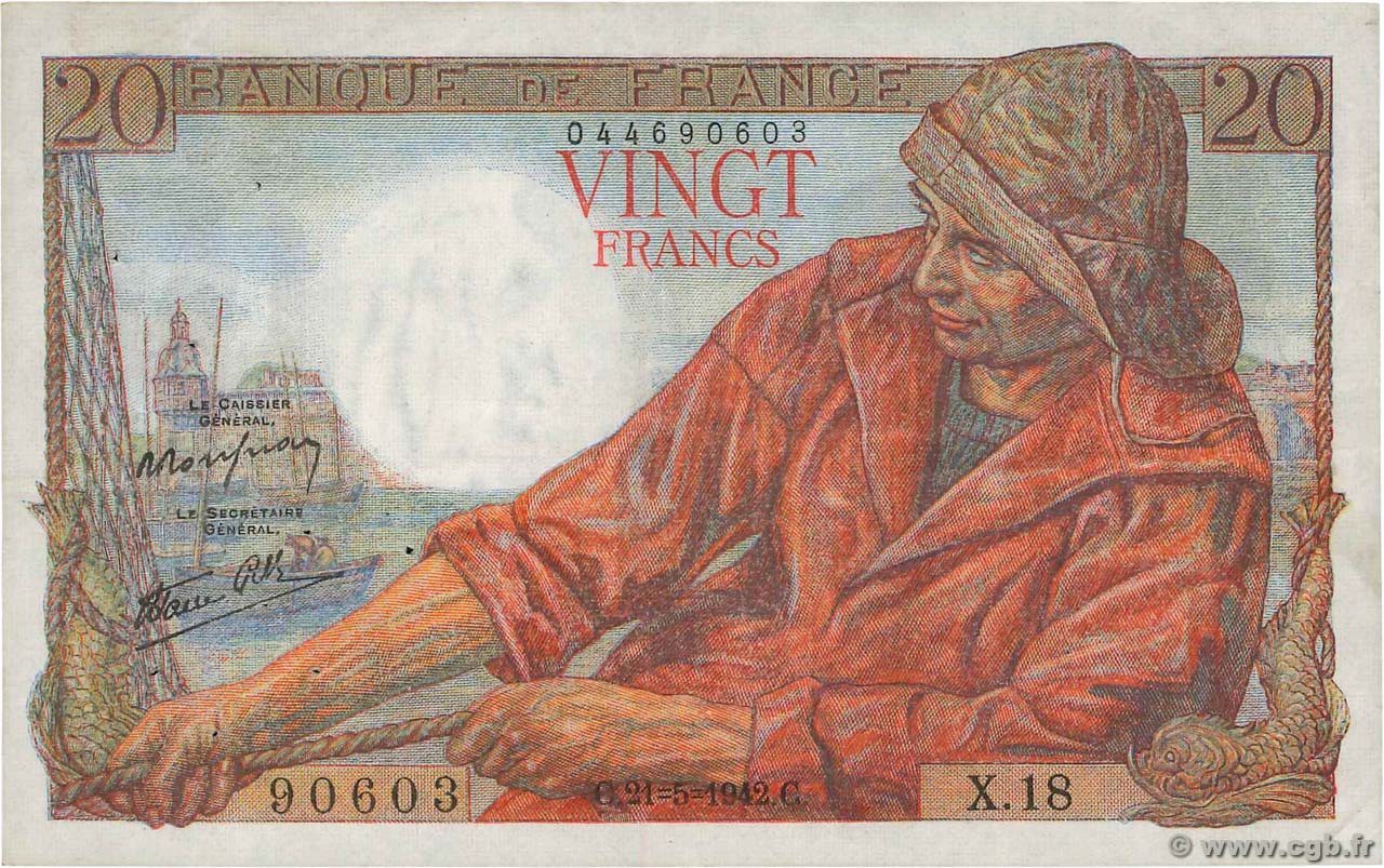 20 Francs PÊCHEUR FRANCE  1942 F.13.02 TB+