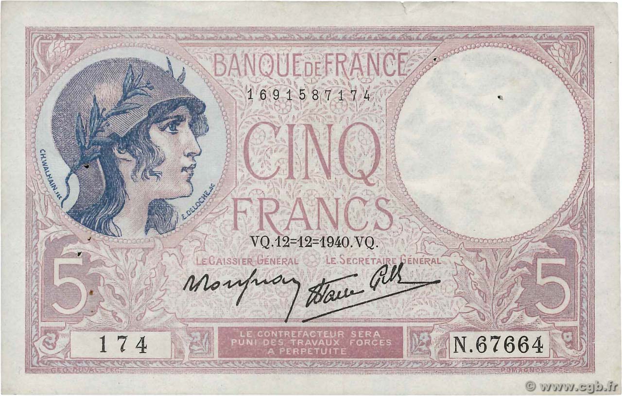 5 Francs FEMME CASQUÉE modifié FRANCE  1940 F.04.17 TTB