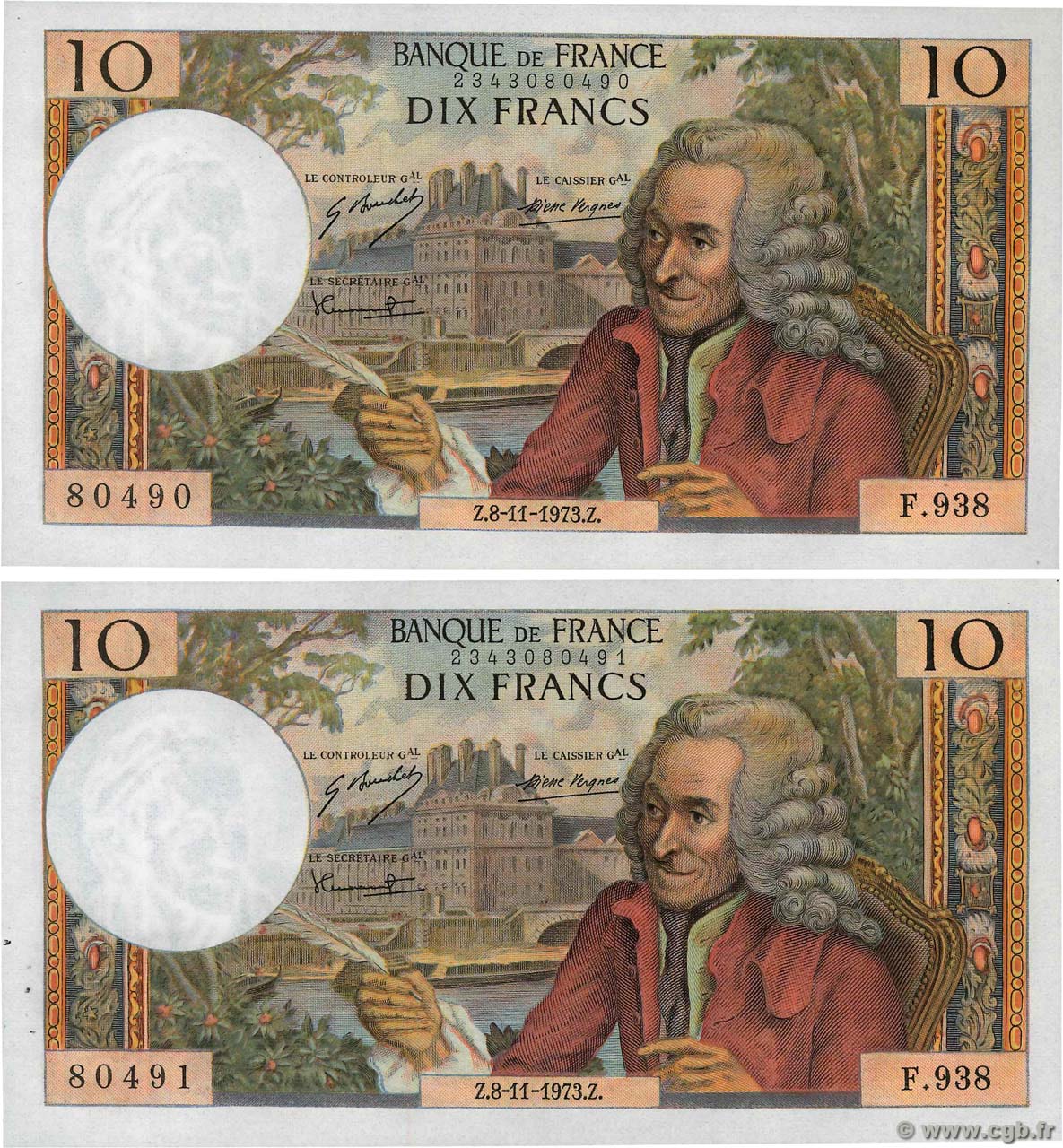 10 Francs VOLTAIRE Consécutifs FRANCIA  1973 F.62.64 SC+