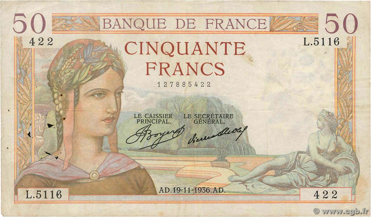 50 Francs CÉRÈS FRANKREICH  1936 F.17.31 S