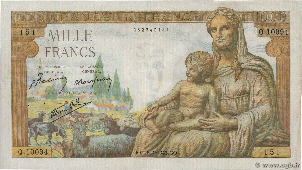 1000 Francs DÉESSE DÉMÉTER FRANCE  1943 F.40.40 pr.TTB