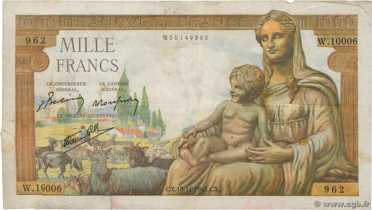1000 Francs DÉESSE DÉMÉTER FRANCE  1943 F.40.40 B