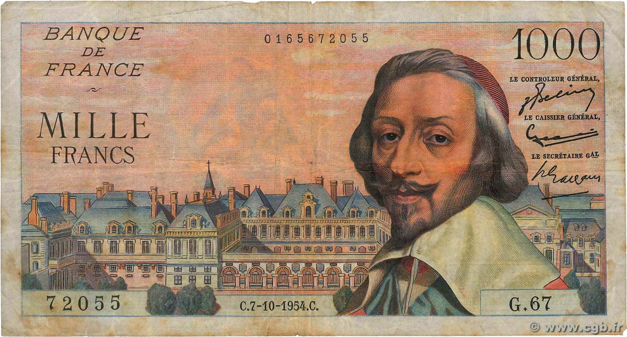 1000 Francs RICHELIEU FRANCE  1954 F.42.08 B+