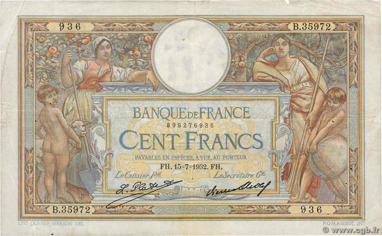 100 Francs LUC OLIVIER MERSON grands cartouches FRANKREICH  1932 F.24.11 S