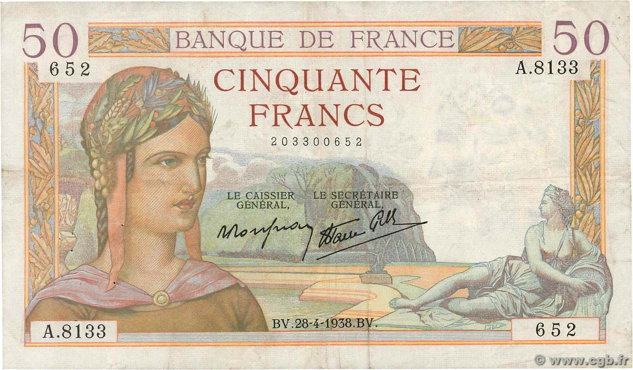 50 Francs CÉRÈS modifié FRANCE  1938 F.18.12 TB+