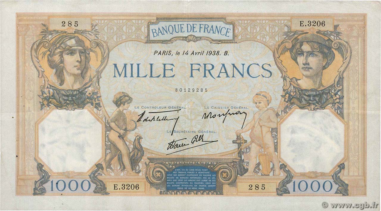 1000 Francs CÉRÈS ET MERCURE type modifié FRANCE  1938 F.38.11 TTB