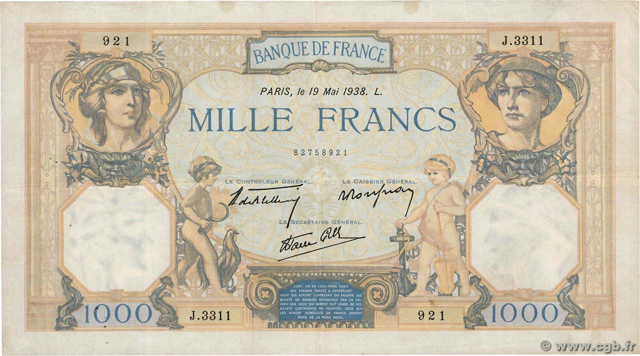 1000 Francs CÉRÈS ET MERCURE type modifié FRANCE  1938 F.38.15 pr.TTB