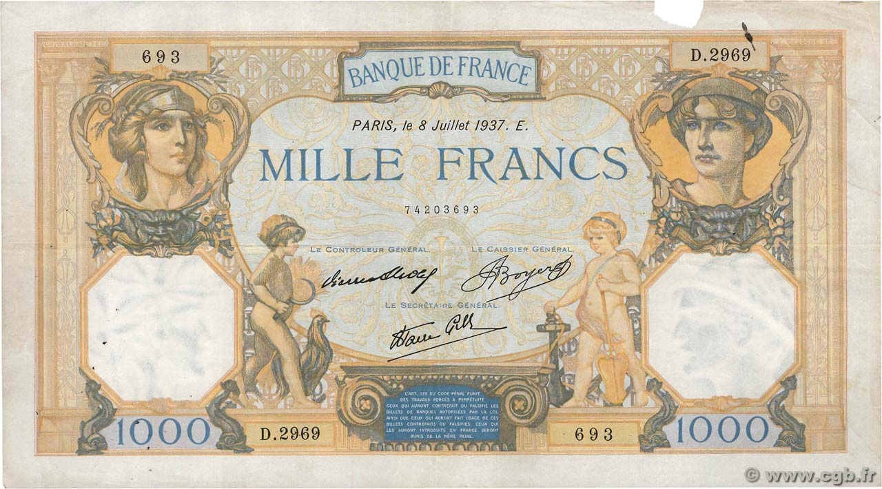 1000 Francs CÉRÈS ET MERCURE type modifié FRANCE  1937 F.38.01 TB