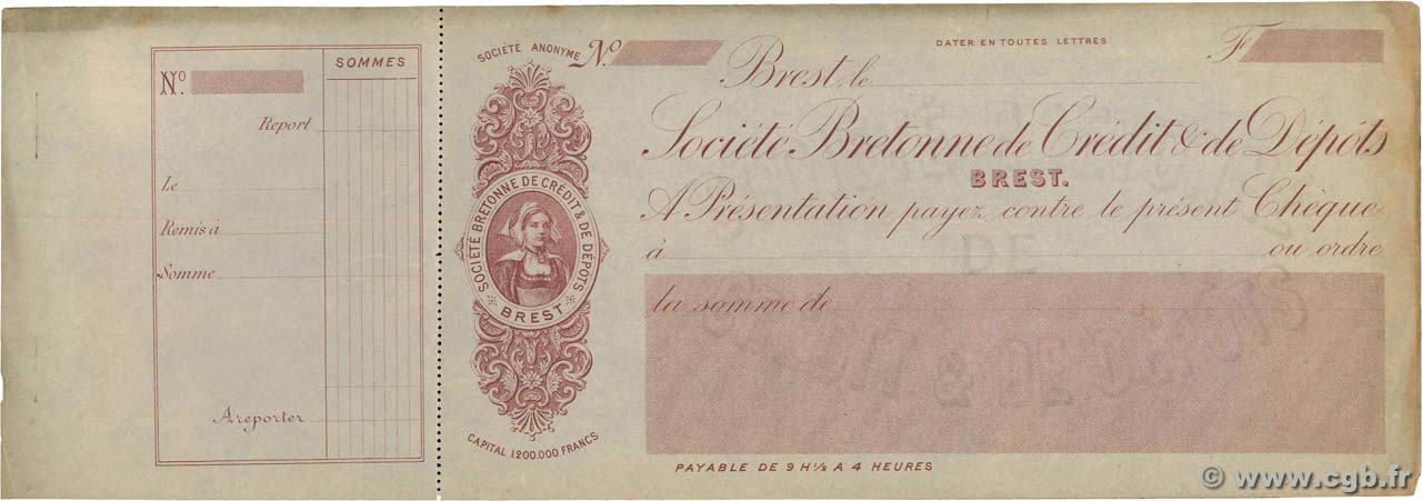 Francs FRANCE régionalisme et divers Brest 1920 DOC.Chèque TTB