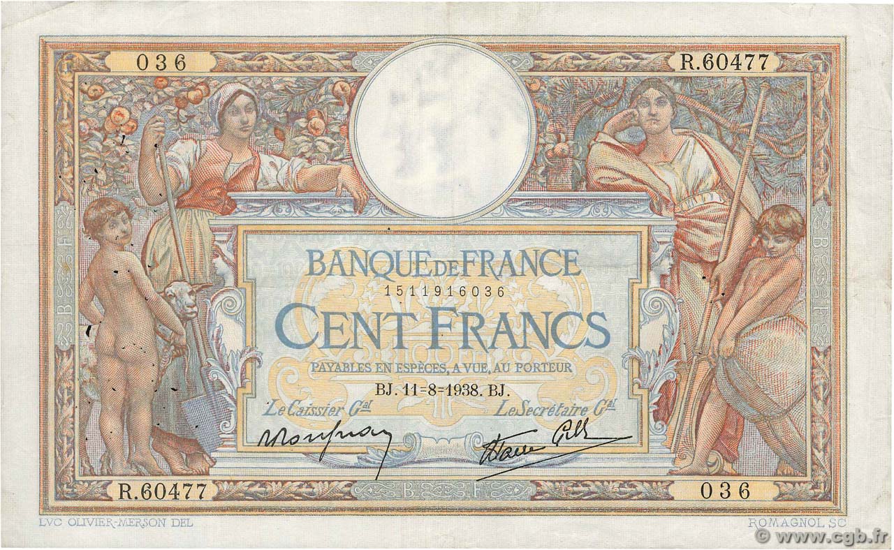 100 Francs LUC OLIVIER MERSON type modifié FRANCE  1938 F.25.28 TB+
