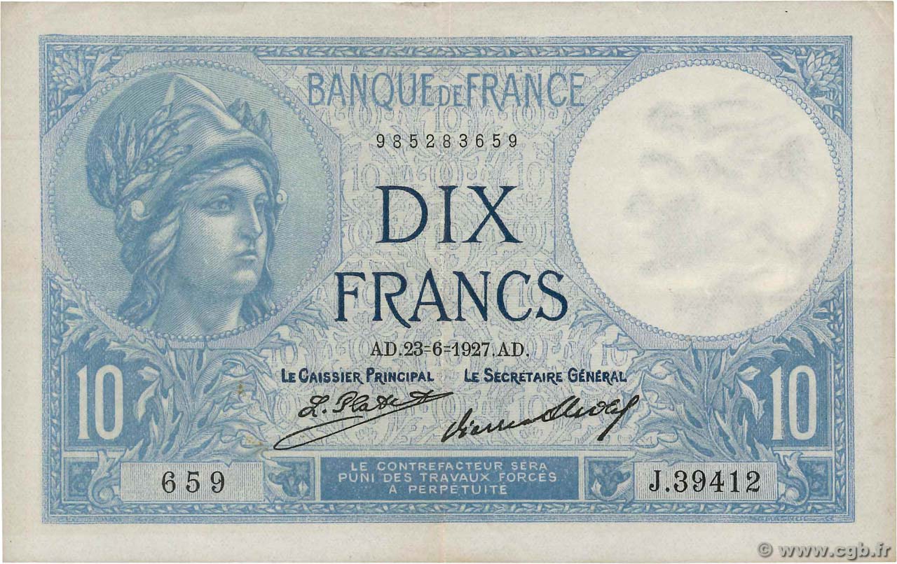 10 Francs MINERVE FRANKREICH  1927 F.06.12 SS