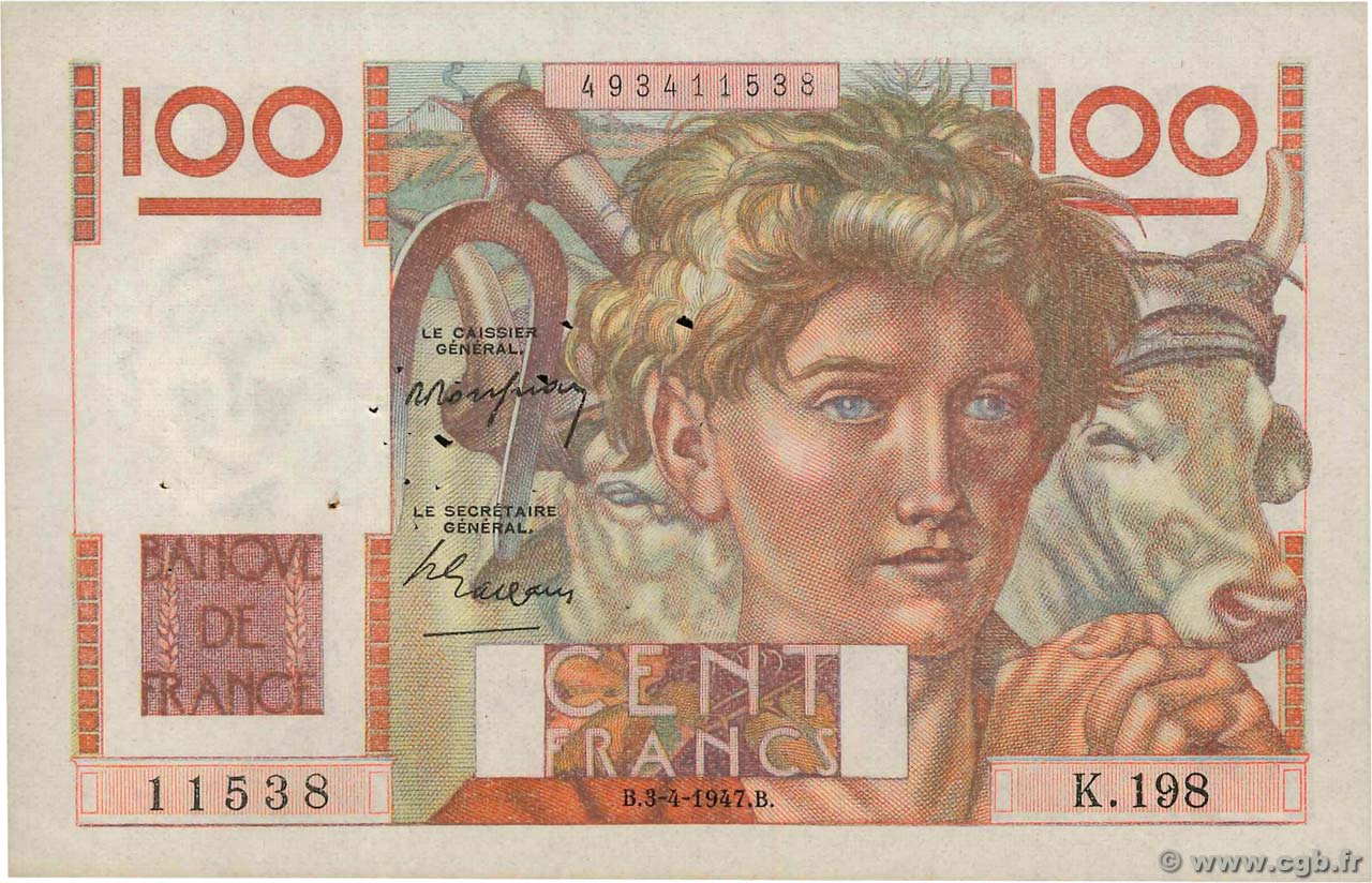 100 Francs JEUNE PAYSAN FRANCE  1947 F.28.14 VF