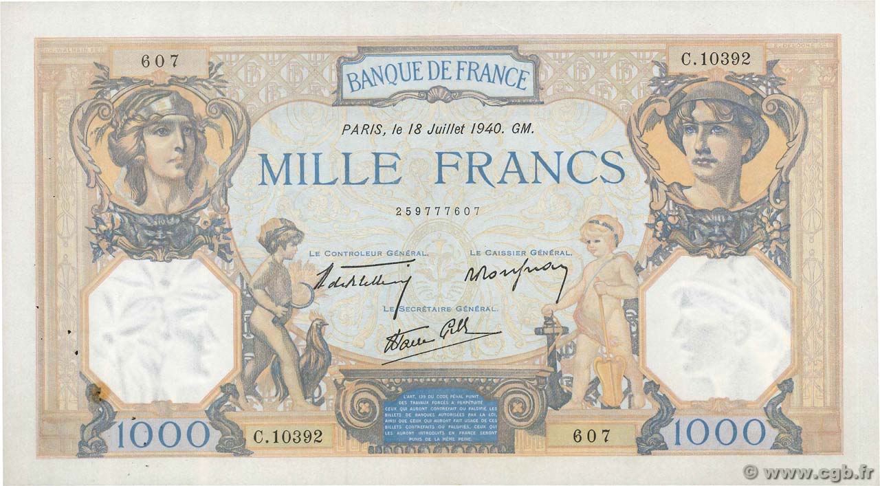 1000 Francs CÉRÈS ET MERCURE type modifié FRANCE  1940 F.38.50 VF+