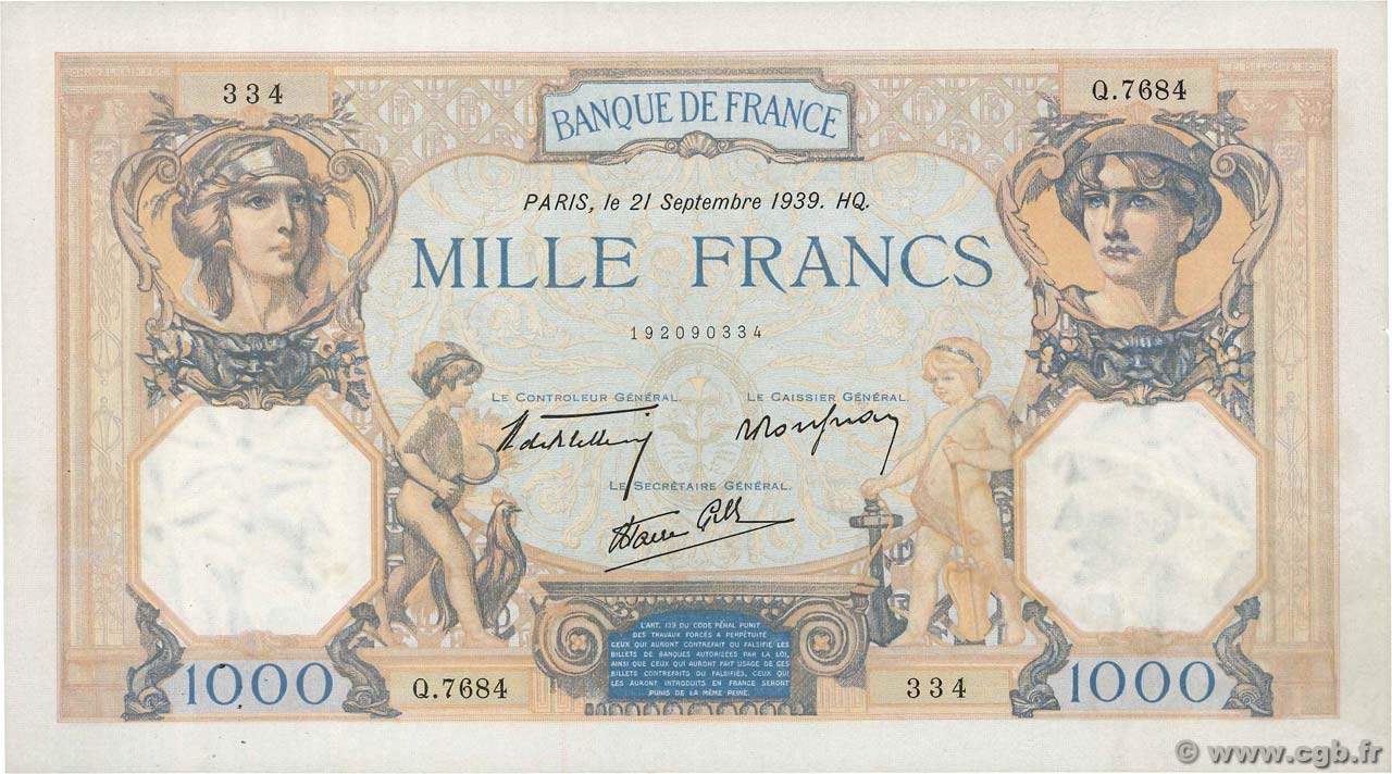 1000 Francs CÉRÈS ET MERCURE type modifié FRANCE  1939 F.38.37 TTB+