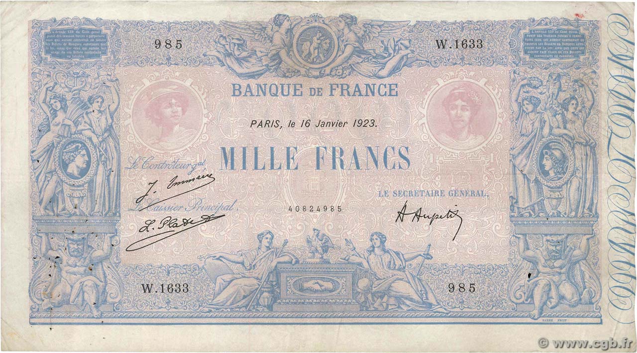 1000 Francs BLEU ET ROSE FRANCE  1923 F.36.39 F+