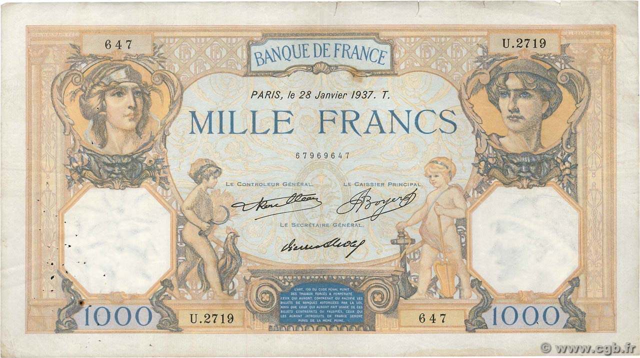 1000 Francs CÉRÈS ET MERCURE FRANCE  1937 F.37.10 TB