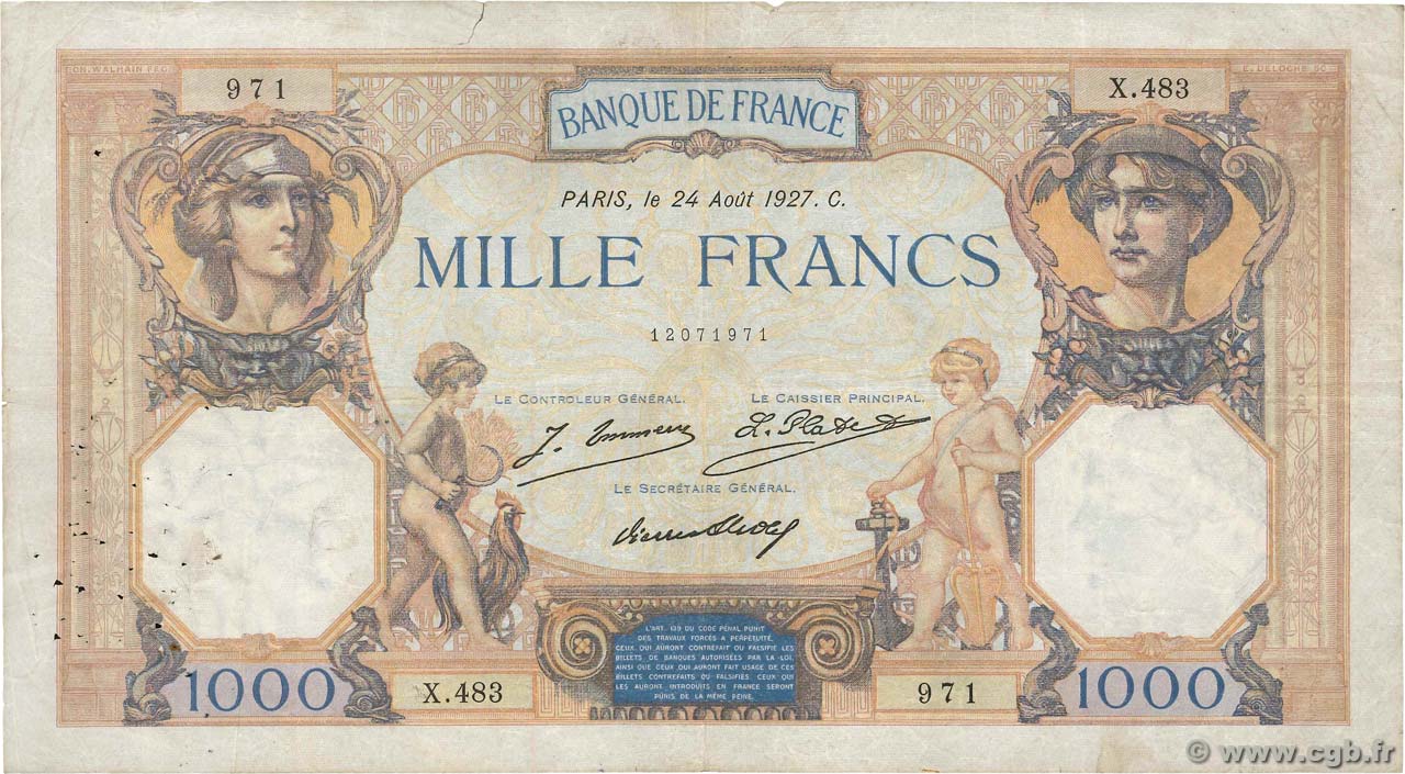 1000 Francs CÉRÈS ET MERCURE FRANCIA  1927 F.37.01 RC+