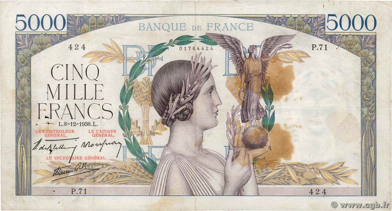 5000 Francs VICTOIRE Impression à plat FRANCE  1938 F.46.01 TB