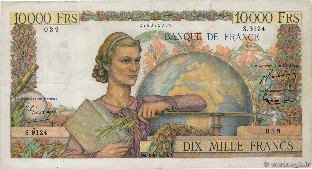 10000 Francs GÉNIE FRANÇAIS FRANCE  1955 F.50.75 pr.TTB