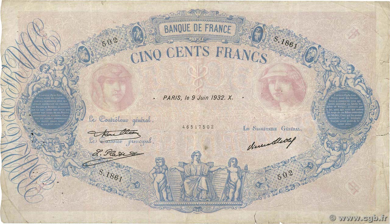500 Francs BLEU ET ROSE FRANCIA  1932 F.30.35 q.MB