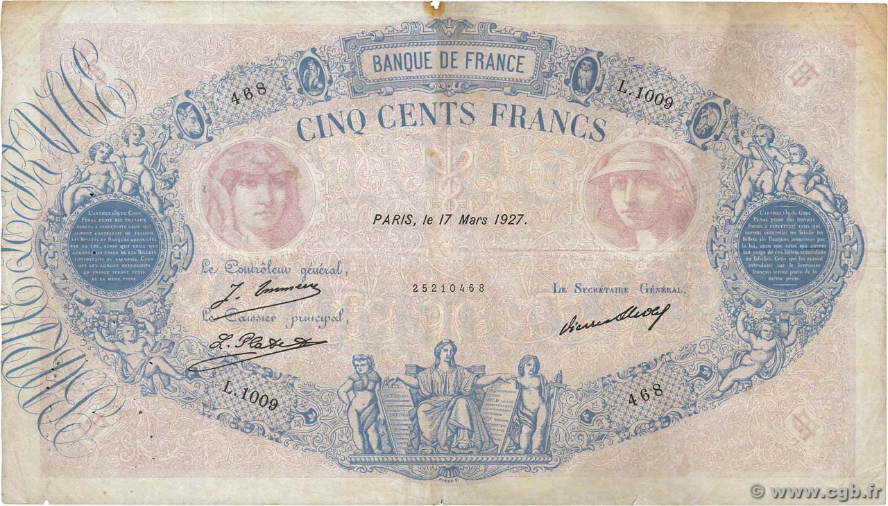 500 Francs BLEU ET ROSE FRANCE  1927 F.30.30 pr.TB